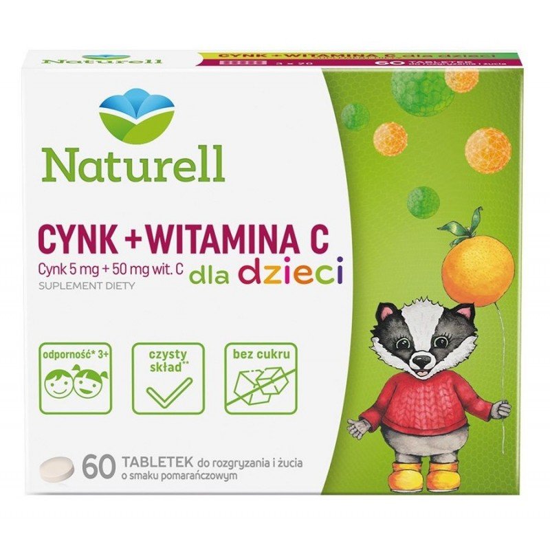 Naturell Cynk + Witamina C dla dzieci tabletki do żucia - 60 tabl.