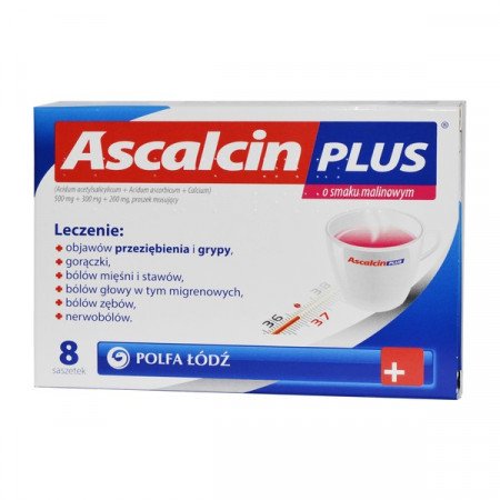 Ascalcin Plus, proszek musujący w saszetkach, smak malinowy, 8